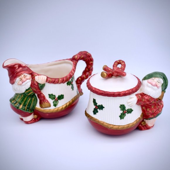 Fitz & Floyd Vintage Old World Elf Creamer Sugar Bowl Set Earthenware Christmas - Picture 1 of 16